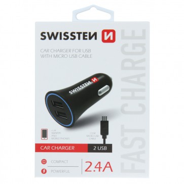 SWISSTEN CAR CHARGER 2,4A POWER WITH 2x USB + CABLE MICRO USB