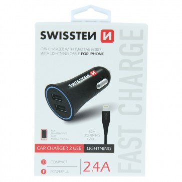 SWISSTEN CAR CHARGER 2,4A POWER WITH 2x USB + CABLE LIGHTNING