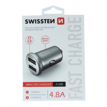 SWISSTEN CAR CHARGER WITH 2x USB 4,8A METAL SILVER