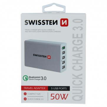 SWISSTEN TRAVEL CHARGER QUALCOMM 3.0 QUICK CHARGE + SMART IC WITH 5x USB 50W POWER WHITE