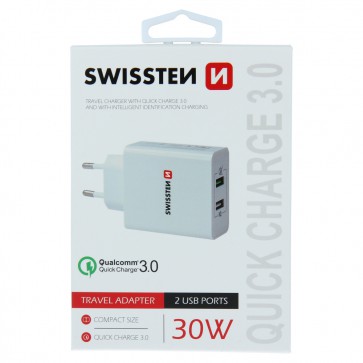 SWISSTEN TRAVEL CHARGER QUALCOMM 3.0 QUICK CHARGE + SMART IC WITH 2x USB 30W POWER WHITE