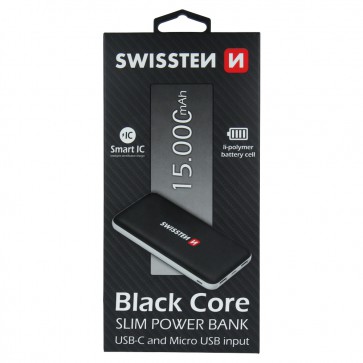 SWISSTEN BLACK CORE SLIM POWER BANK 15000 mAh USB-C INPUT