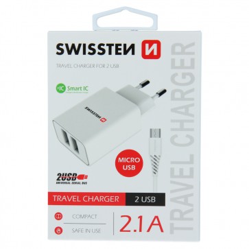 SWISSTEN TRAVEL CHARGER SMART IC WITH 2x USB 2,1A POWER + DATA CABLE USB / MICRO USB 1,2 M WHITE