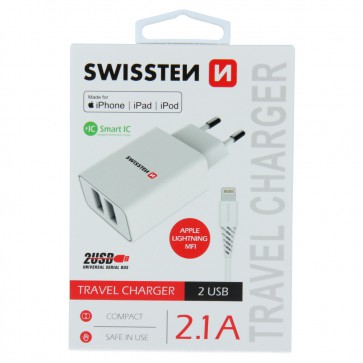 SWISSTEN TRAVEL CHARGER SMART IC WITH 2x USB 2,1A POWER + DATA CABLE USB / LIGHTNING MFi 1,2 M WHITE