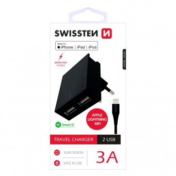 SWISSTEN TRAVEL CHARGER SMART IC WITH 2x USB 3A POWER + DATA CABLE USB / LIGHTNING MFi 1,2 M BLACK