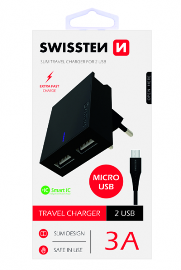 SWISSTEN TRAVEL CHARGER SMART IC WITH 2x USB 3A POWER + DATA CABLE USB / MICRO USB 1,2 M BLACK