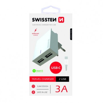 SWISSTEN TRAVEL CHARGER SMART IC WITH 2x USB 3A POWER + DATA CABLE USB / TYPE C 1,2 M WHITE