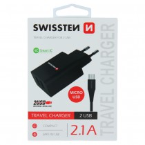 SWISSTEN TRAVEL CHARGER SMART IC WITH 2x USB 2,1A POWER + DATA CABLE USB / MICRO USB 1,2 M BLACK