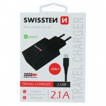 SWISSTEN TRAVEL CHARGER SMART IC WITH 2x USB 2,1A POWER + DATA CABLE USB / TYPE C 1,2 M BLACK 