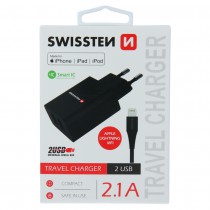 SWISSTEN TRAVEL CHARGER SMART IC WITH 2x USB 2,1A POWER + DATA CABLE USB / LIGHTNING MFi 1,2 M BLACK