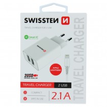 SWISSTEN TRAVEL CHARGER SMART IC WITH 2x USB 2,1A POWER + DATA CABLE USB / LIGHTNING 1,2 M WHITE