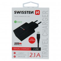SWISSTEN TRAVEL CHARGER SMART IC WITH 2x USB 2,1A POWER + DATA CABLE USB / LIGHTNING 1,2 M BLACK