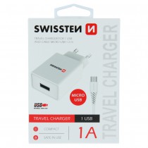 SWISSTEN TRAVEL CHARGER SMART IC WITH 1x USB 1A POWER + DATA CABLE USB / MICRO USB 1,2 M WHITE