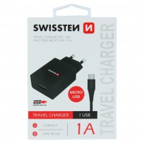 SWISSTEN TRAVEL CHARGER SMART IC WITH 1x USB 1A POWER + DATA CABLE USB / MICRO USB 1,2 M BLACK