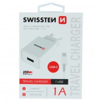 SWISSTEN TRAVEL CHARGER SMART IC WITH 1x USB 1A POWER + DATA CABLE USB / TYPE C 1,2 M WHITE