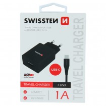 SWISSTEN TRAVEL CHARGER SMART IC WITH 1x USB 1A POWER + DATA CABLE USB / TYPE C 1,2 M BLACK
