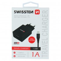 SWISSTEN TRAVEL CHARGER SMART IC WITH 1x USB 1A POWER + DATA CABLE USB / LIGHTNING 1,2 M BLACK