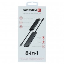 SWISSTEN USB-C HUB 8-IN-1 (USB-C PD, HDMI 4K, LAN RJ45, 3x USB 3.0, SD, MICRO SD) ALUMINIUM