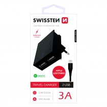 SWISSTEN TRAVEL CHARGER SMART IC WITH 2x USB 3A POWER + DATA CABLE USB / LIGHTNING 1,2 M BLACK