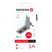 SWISSTEN TRAVEL CHARGER SMART IC WITH 2x USB 3A POWER + DATA CABLE USB / LIGHTNING 1,2 M WHITE
