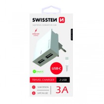 SWISSTEN TRAVEL CHARGER SMART IC WITH 2x USB 3A POWER + DATA CABLE USB / TYPE C 1,2 M WHITE