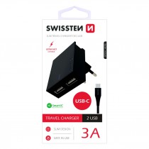 SWISSTEN TRAVEL CHARGER SMART IC WITH 2x USB 3A POWER + DATA CABLE USB / TYPE C 1,2 M BLACK